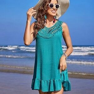 Aolro Women’s Swimsuit Coverup Summer Sleeveless Pleated Hem Turquoise M NWT